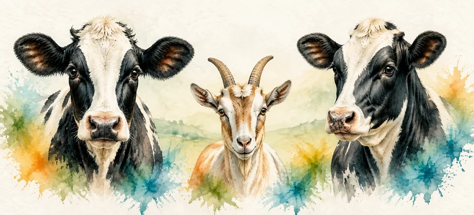 Watercolour of cows and a goat