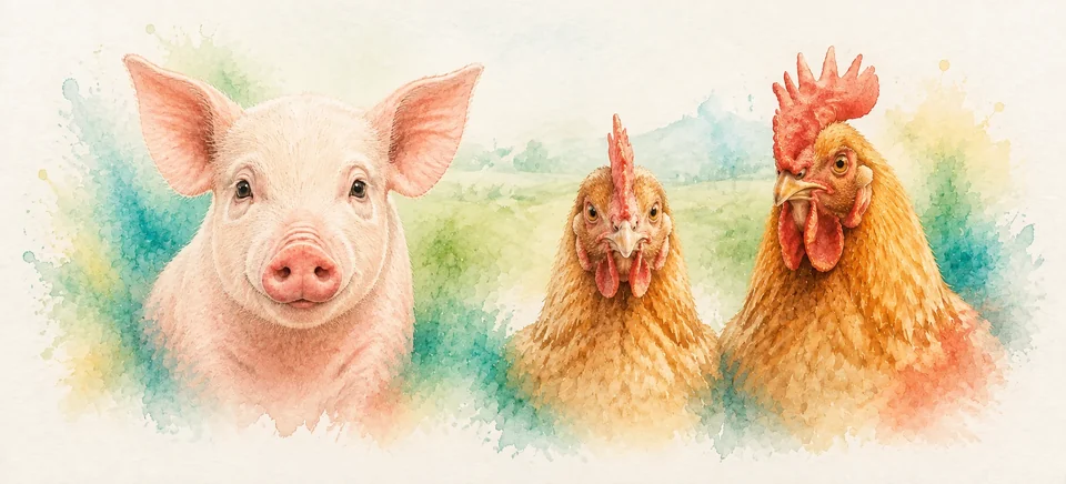 Watercolour of a piglet and poultry
